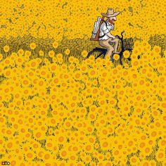 a man riding on the back of a horse through a field of sunflowers