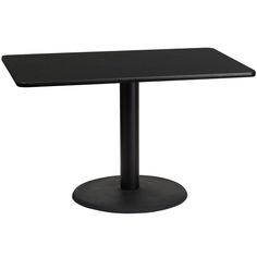 a black square table with a metal base on an isolated white background for use as a dining room or office space