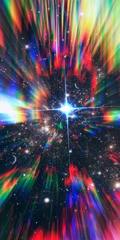 an abstract image with bright colors and stars in the sky, as if from outer space