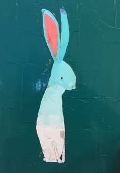 a painting of a blue and pink rabbit on a dark green background with rusted edges