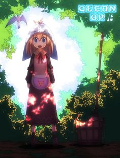 an anime character standing in front of a green background with trees and birds flying around