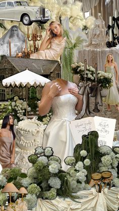 a collage of wedding photos with bride and grooms in the background, surrounded by greenery