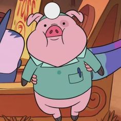 an animated pig standing in front of a mirror