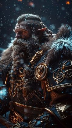 an image of a man with long hair and beard wearing armor in the snow at night