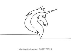 a line drawing of a unicorn's head with long mane and tail, viewed from the side