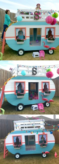 an old camper converted into a mobile home is transformed into a fun house for kids