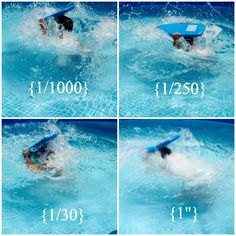 four pictures of a person swimming in a pool with a boogie board on their back