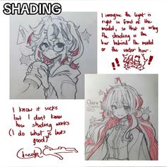 two pictures with the words shading written in red and black ink, one has an anime