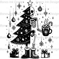 a black and white drawing of a skeleton next to a christmas tree with presents around it