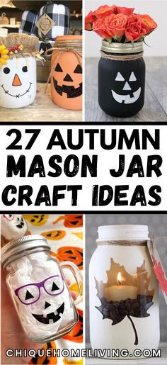 mason jar crafts with pumpkins and jack - o'- lantern faces on them