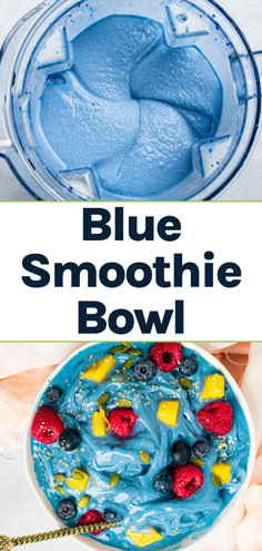 A vegan blue smoothie bowl in both a blender and a bowl. Blue Acai Bowl Recipe, Berries Healthy Recipes, Frozen Smoothie Bowl Recipe, Blue Majik Smoothie Bowl, Blue Smoothie Bowl Recipe, Blue Spirulina Smoothie Bowl, Meal Prep Smoothie Bowls, Blue Food Recipes