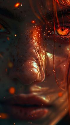 a close up of a woman's face with fire coming out of her eyes