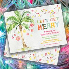 two christmas cards with palm trees on them and the words let't get merry