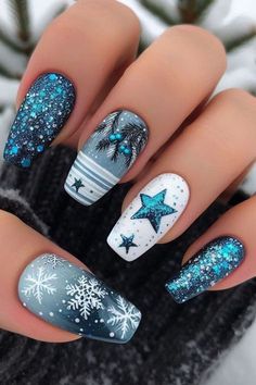 Blue Christmas Nail Ideas, Christmas Nails Blue, Penguin Nails, Nails Xmas, Blue Christmas Nails, Berry Nails, Snow Nails, Christmas Nail Ideas, Baby Blue Nails