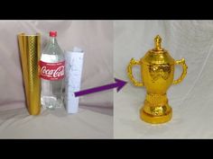 two pictures side by side one has a gold trophy and the other has a bottle