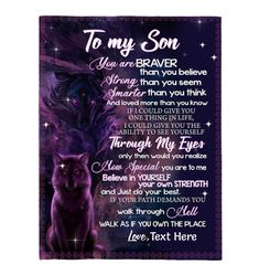 a blanket with an image of a cat and the words to my son on it