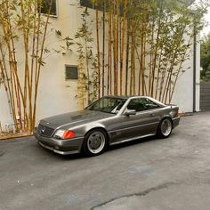 a car parked in front of a building with bamboo trees on the wall behind it