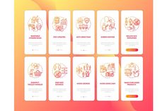 a set of cards with different types of people and animals on them, all in pink and yellow colors