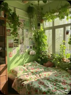 a bedroom with green walls and plants growing on the wall above the bedspread