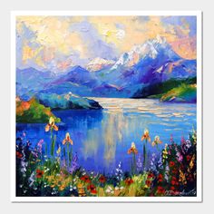 an oil painting of flowers and mountains by the water with blue sky in the background