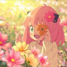 an anime character holding a leaf in front of some pink and yellow flowers with one eye open