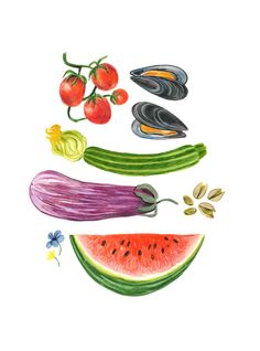 watermelon, eggplant, and other vegetables are depicted in this drawing