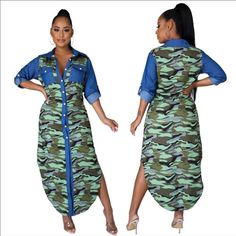 Casual Dress Fashion Camouflage Print Cardigan Denim Longed Sleeves With 2 Pockets Casual Camouflage Fall Dresses, Casual Camouflage Dress For Fall, Casual Camouflage Dress For Spring, Casual Camouflage Dresses, Casual Camouflage Dresses For Fall, Casual Camouflage Dresses For Spring, Camouflage Dress, Camouflage Fashion, Vogue Dress