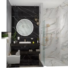 a bathroom with black and white marble walls