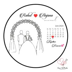 a wedding calendar with an image of the bride and groom