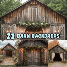 barn backdrops with flowers and greenery on them