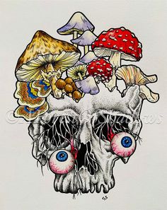 a drawing of a skull with mushrooms on it's head and two blue eyes