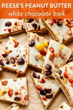 several pieces of white chocolate bark with nuts and dried fruit on top, surrounded by text that reads reese's peanut butter white chocolate bark