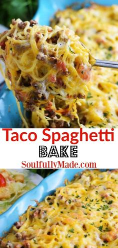 this taco spaghetti bake is loaded with meat and cheese