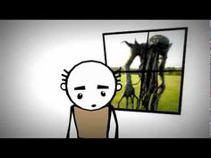 an animated image of a man looking at a strange creature