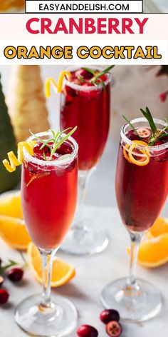 cranberry orange cocktail in glasses with garnish on the rim and text overlay