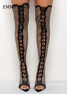 Spring Autumn Women Rhinestone Thigh-High Boots Sexy Open Toe Stilettos Over-the-knee Boots Cross Lace Up High Heels, Thigh High Boots, Party Shoes, Thigh High, Over The Knee Boots, Thigh Highs, Over The Knee, High Boots, Knee Boots