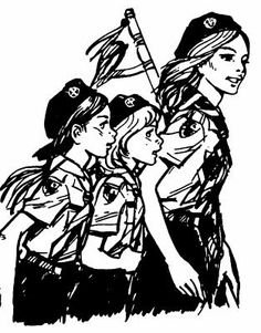 a black and white drawing of three girls in scout uniforms, one holding a flag