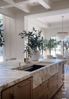 a kitchen with marble counter tops and wooden cabinets in front of a large window that has potted plants on it