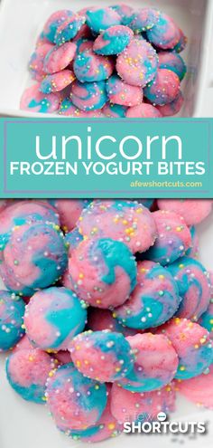 unicorn frozen yogurt bites on a plate with sprinkles in the background