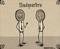 two cartoon figures with head quarters on their heads, one holding a coin and the other pointing