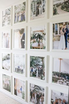 a wall with many pictures on it and people standing in front of the wedding party