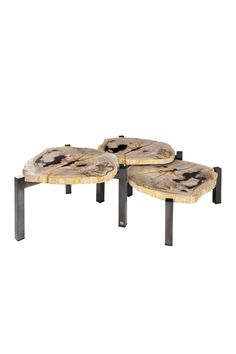 three tables made out of wood and metal