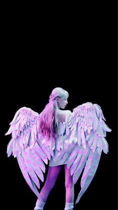 a woman with pink hair and white wings on her body standing in front of a black background