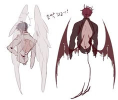 two different angles of an anime character's back and shoulders, one with wings on it