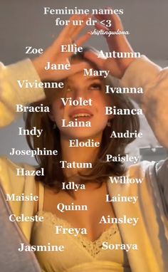 an image of a woman that is holding her head in front of her face with the names of people on it