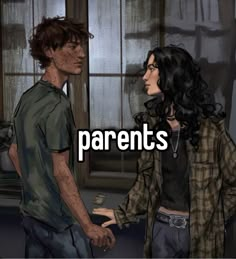 a man and woman standing next to each other in front of a window with the words parents