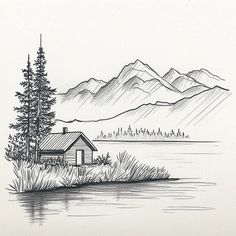 a pencil drawing of a cabin by the water with mountains in the background and trees