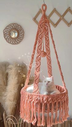 a white cat laying in a pink crocheted hammock