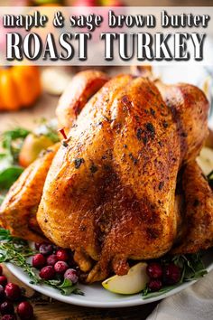 roasted turkey on a plate with cranberries and apples