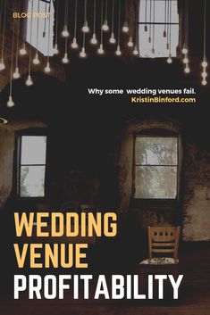 the front cover of a wedding venue brochure, featuring chairs and chandeliers